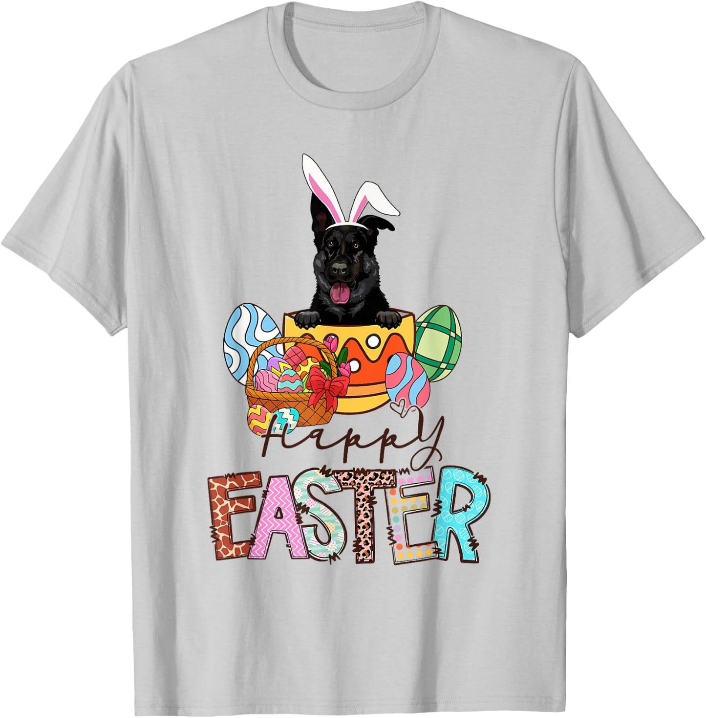 Happy Easter Peeking Black German Shepherd Bunny Ear Dog T-Shirt - T-Shirt | Ash