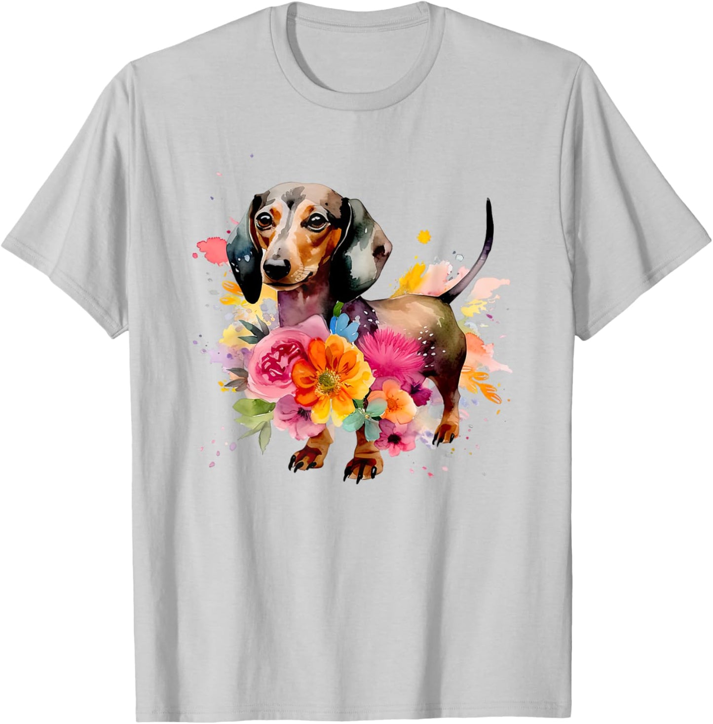 Dachshund Watercolour Art Dog Breed Woman Children Flowers , White T-Shirt - T-Shirt | Ash