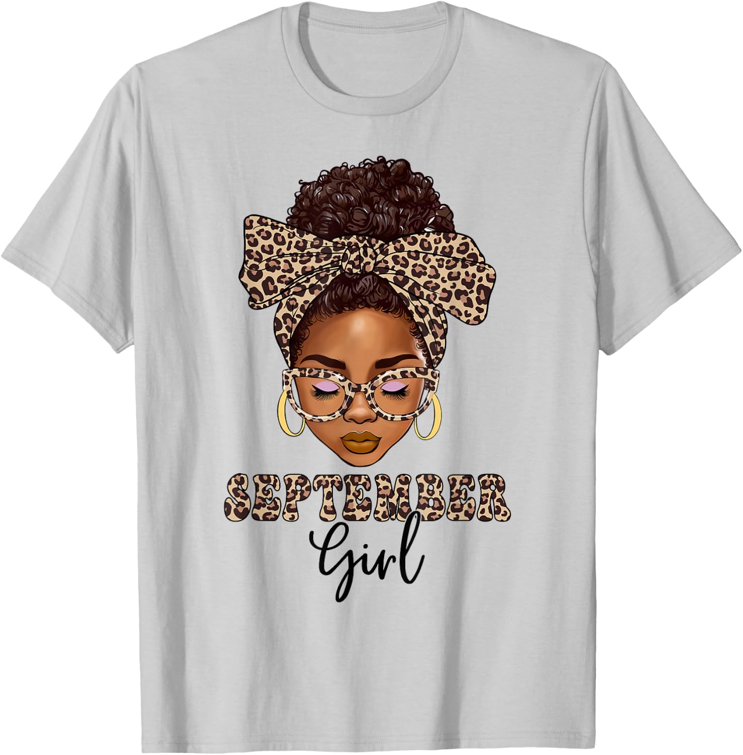 September Girls Messy Bun Leopard Black Women Birthday T-Shirt - T-Shirt | Ash