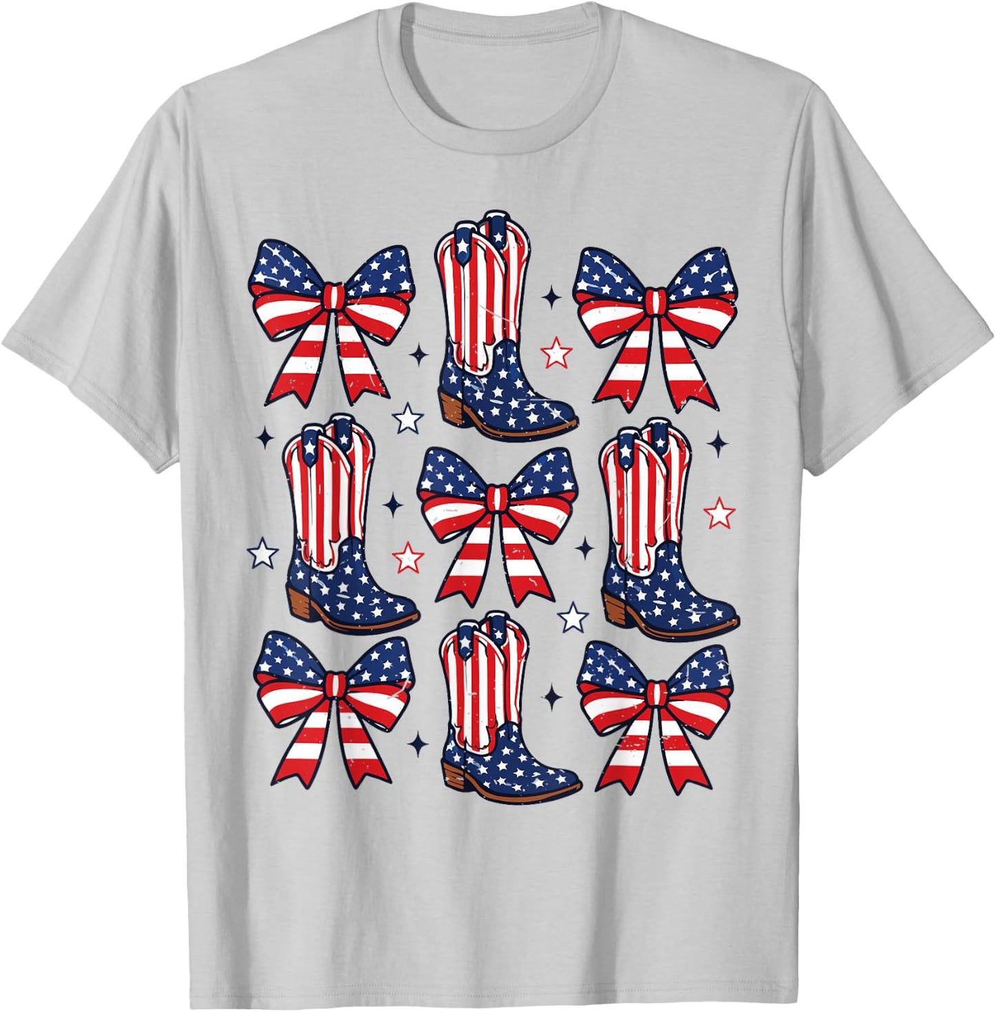 Girl 4th July Cowboy Boots Bows Cowgirl American Flag Rodeo T-Shirt - T-Shirt | Ash