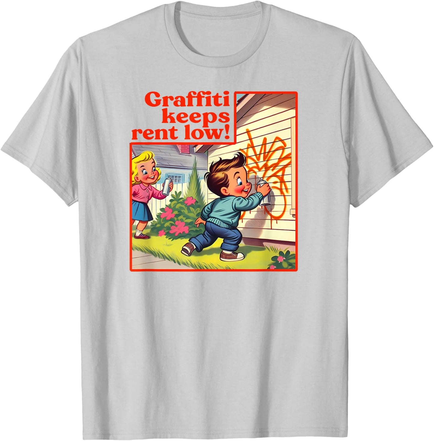 Graffiti Keeps Rent Low Retro Tag Graffiti Street Art , white, S T-Shirt - T-Shirt | Ash