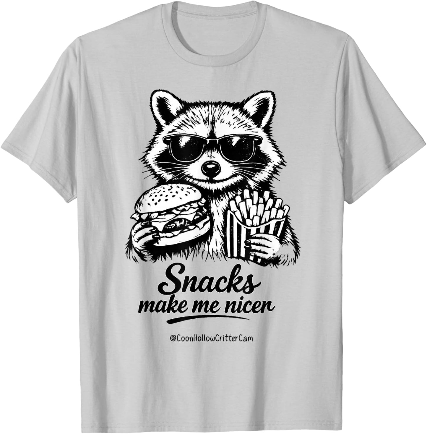 Funny Raccoon, Snacks Make Me Nicer, Feral T-Shirt - T-Shirt | Ash