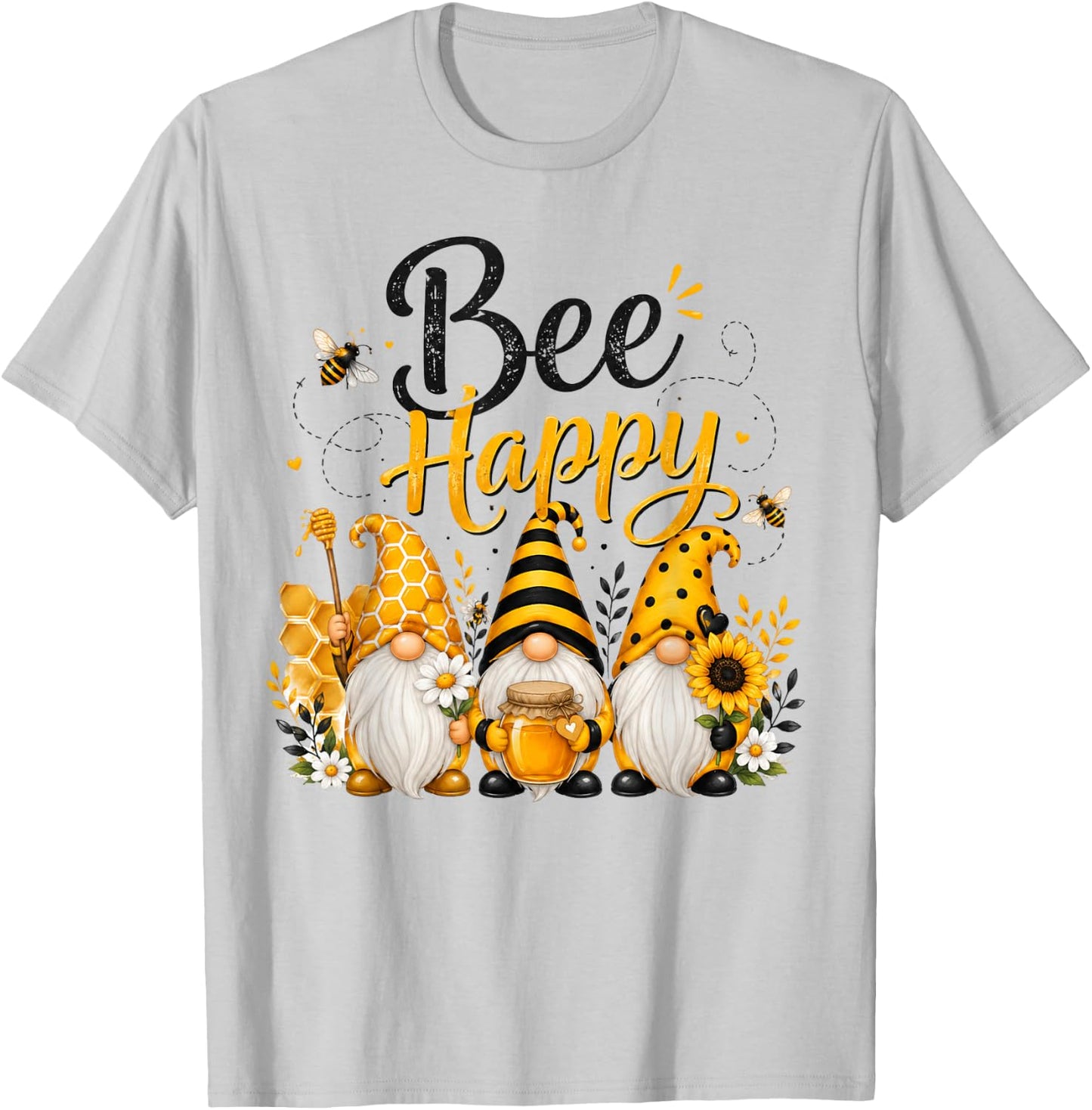 Bee Happy Gnomes with Honey Bees Cute Beekeeping Design T-Shirt - T-Shirt | Ash