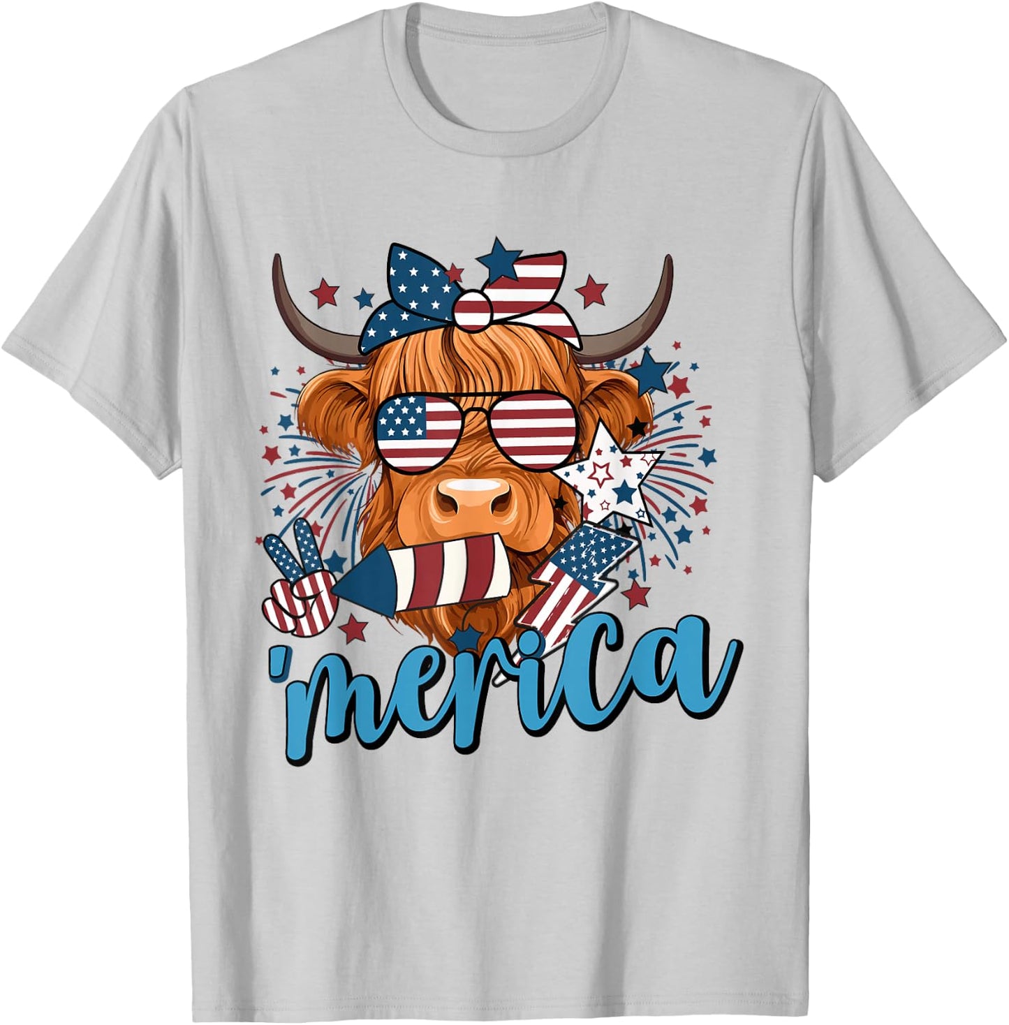 Highland Cow 4th Of July Cow Men Funny Cow T-Shirt - T-Shirt | Ash