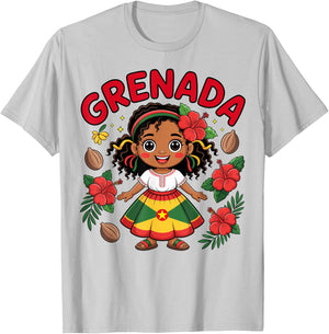 Cute Grenadian Girl in Flag Dress with Nutmeg for Kids T-Shirt - T-Shirt | Ash