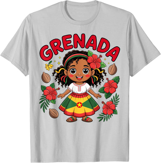 Cute Grenadian Girl in Flag Dress with Nutmeg for Kids T-Shirt - T-Shirt | Ash