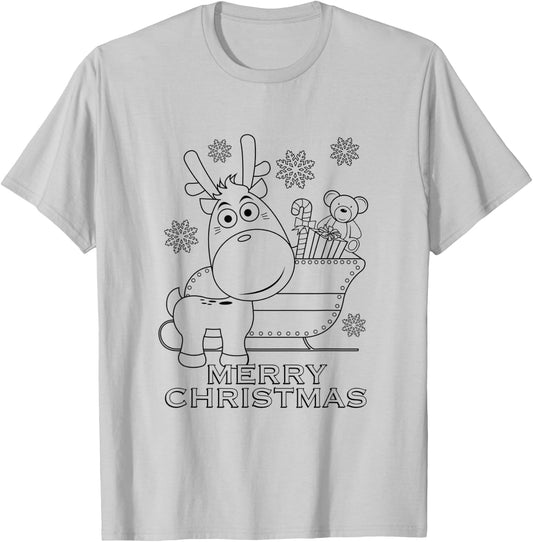 Coloring Book Style Blank Merry Christmas Tree Reindeer T-Shirt - T-Shirt | Ash