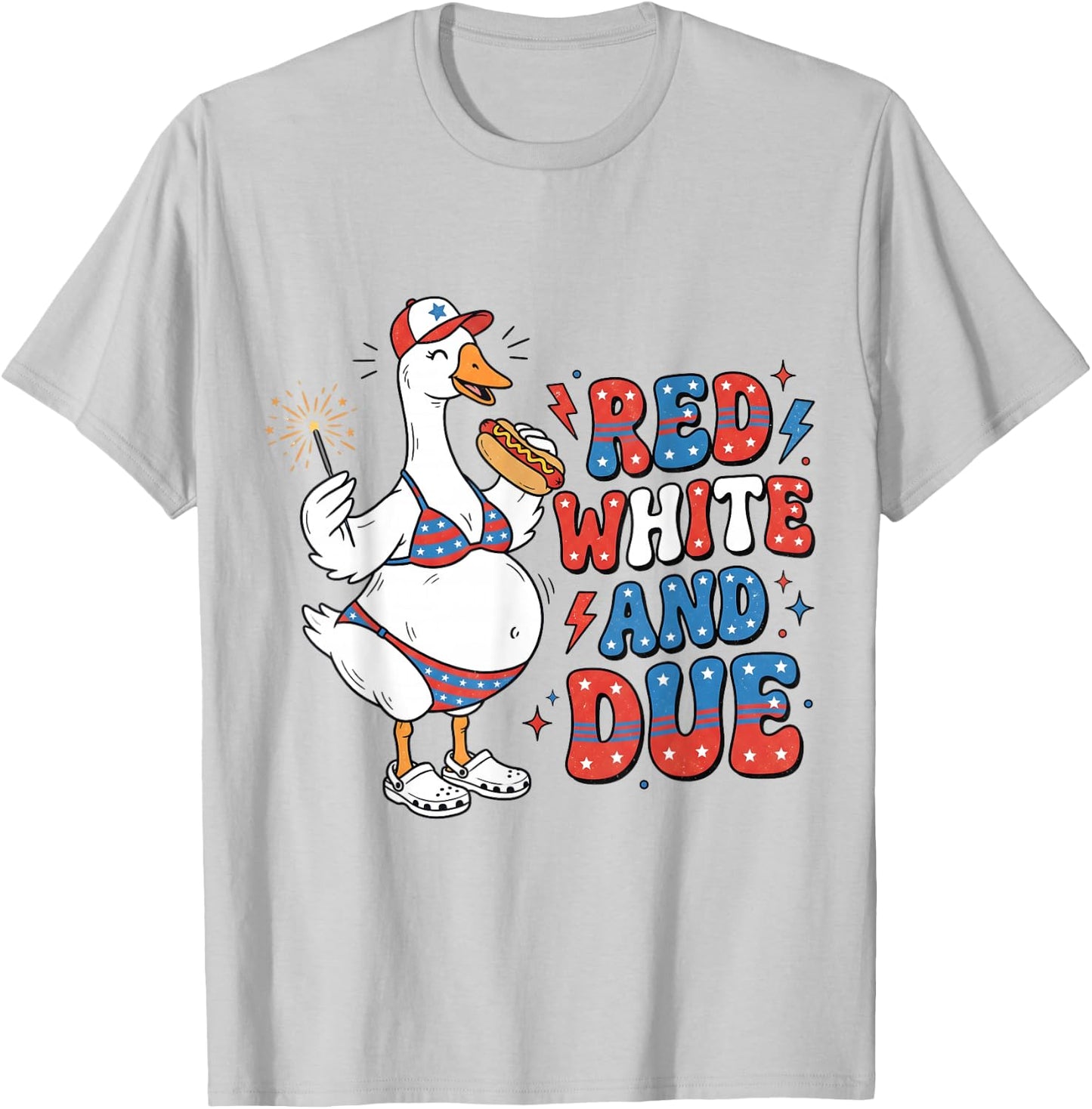 Red White and Due Funny Pregnant Goose 4th of July Pregnancy T-Shirt - T-Shirt | Ash