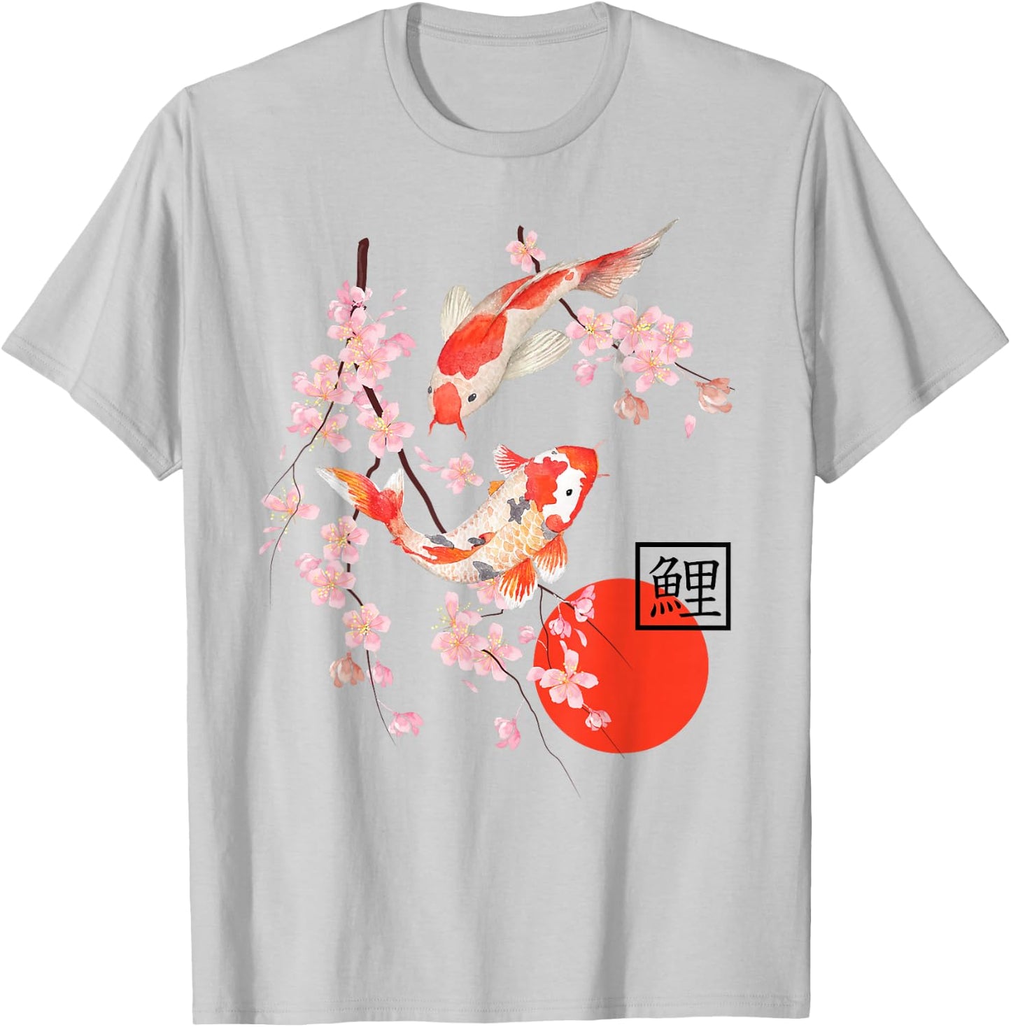 Cherry Blossom Koi Carp Fish Japanese Sakura Art Graphic T-Shirt - T-Shirt | Ash