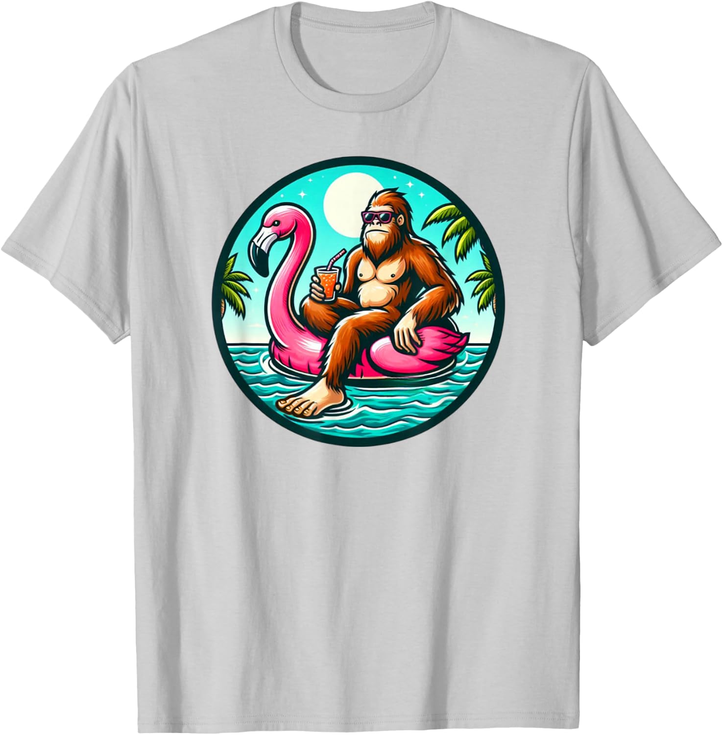 Bigfoot Flamingo Float Pool Party Sasquatch T-Shirt - T-Shirt | Ash