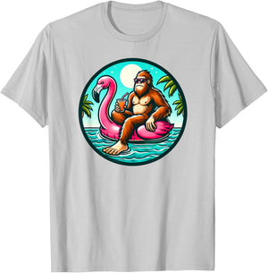 Bigfoot Flamingo Float Pool Party Sasquatch T-Shirt - T-Shirt | Ash