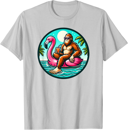 Bigfoot Flamingo Float Pool Party Sasquatch T-Shirt - T-Shirt | Ash