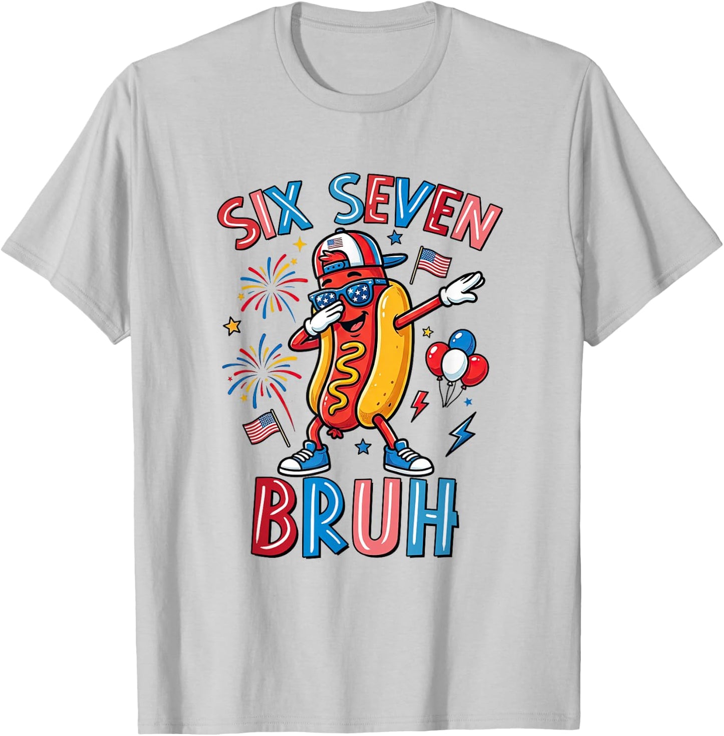 Six Seven Bruh 67 Meme 4th of July Hotdog Dabbing Boys Kids T-Shirt - T-Shirt | Ash