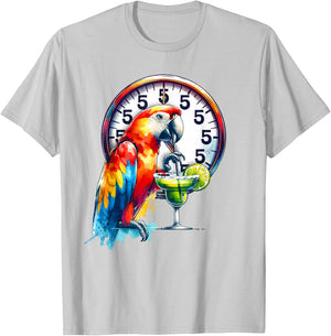 Always 5 O'clock Colorful Parrot Drinking Margarita T-Shirt - T-Shirt | Ash