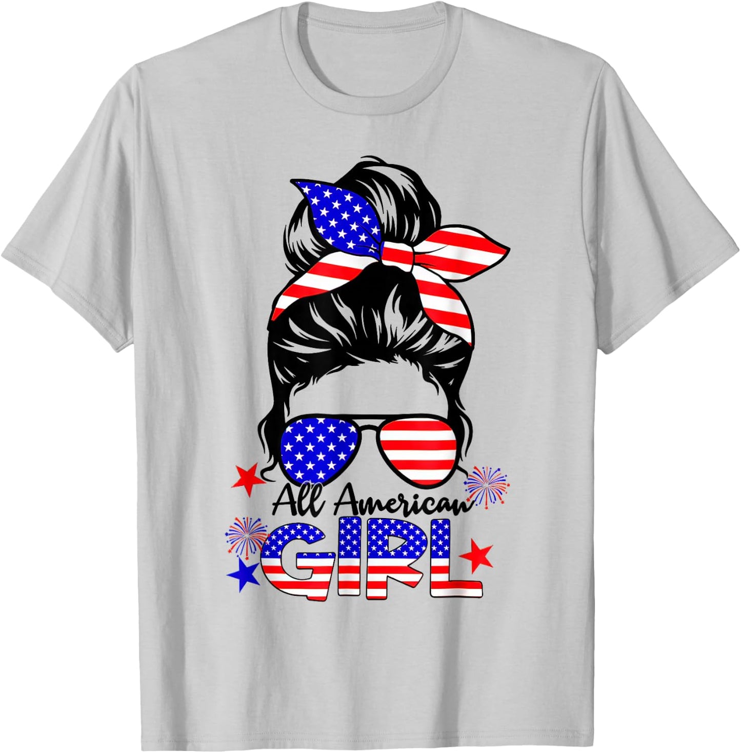 4th of July All American Girls Messy Bun T-Shirt - T-Shirt | Ash
