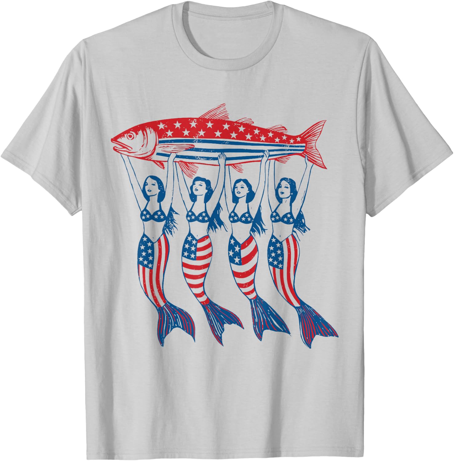 Mermaid Sardine Tinned Fish USA Patriotic 250th 4th of July T-Shirt - T-Shirt | Ash