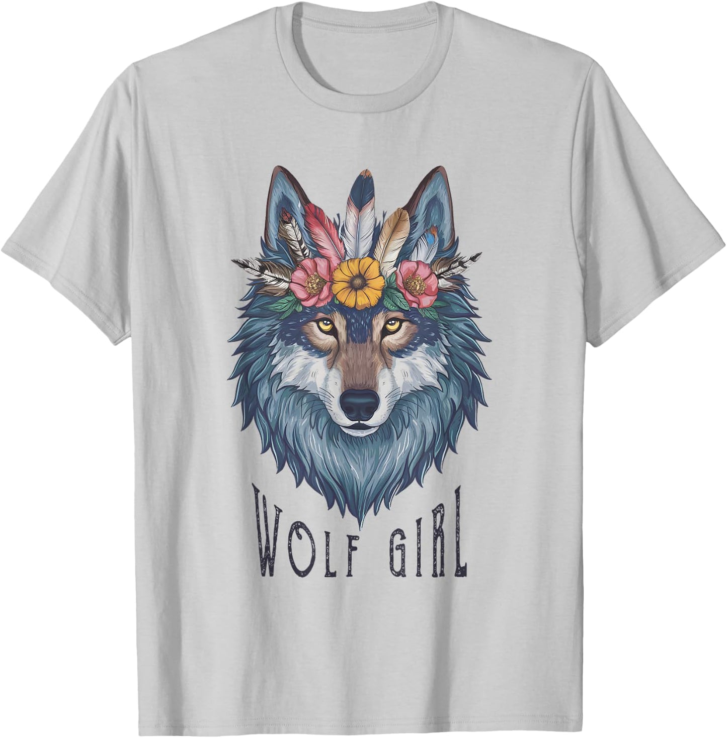 Wolf Girl Loves Wolves Kids Vintage Feathers Wolf Floral , white, S T-Shirt - T-Shirt | Ash