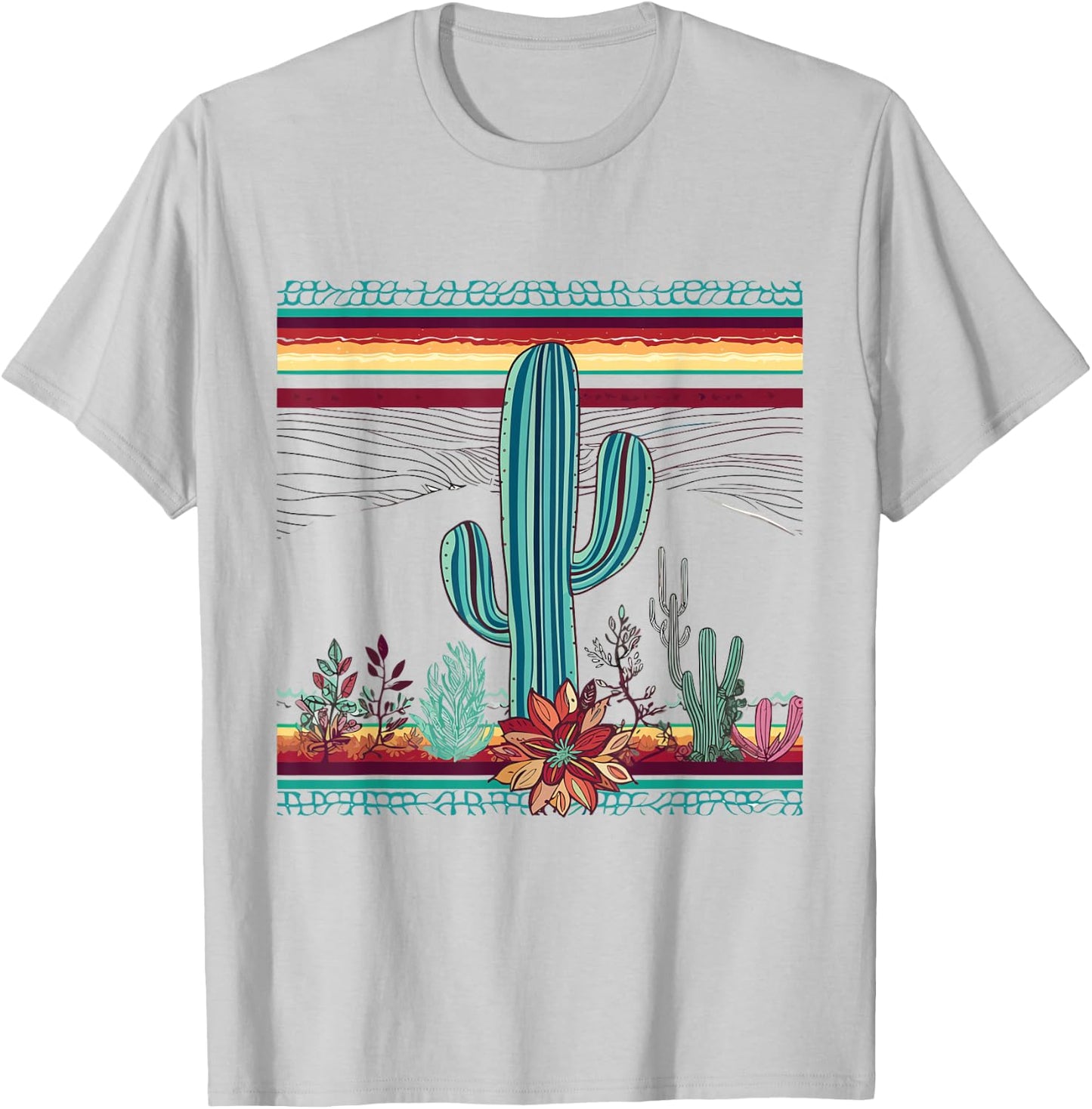Serape Cactus Print Turquoise Western Saguaro Cactus T-Shirt - T-Shirt | Ash