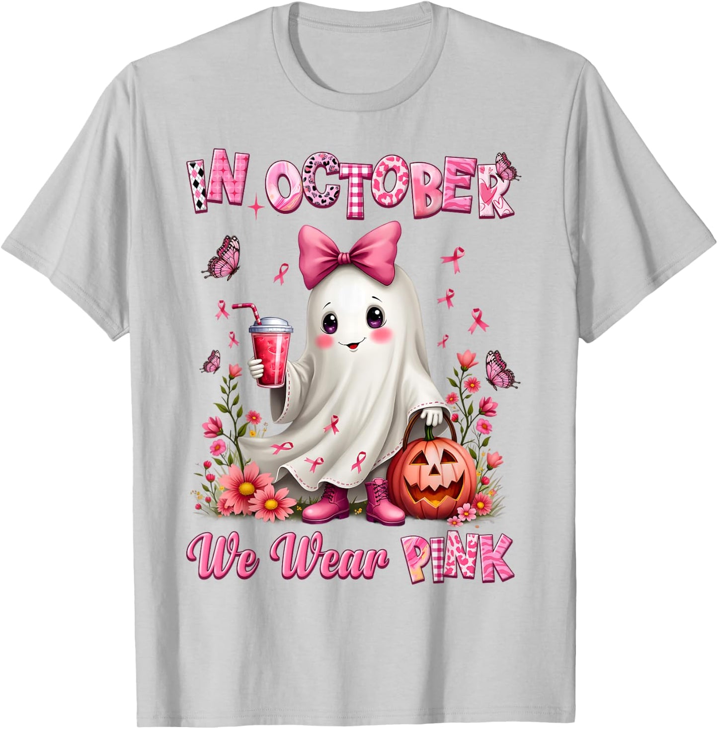 In October We Wear Pink Ghost Breast Cancer Awareness T-Shirt - T-Shirt | Ash