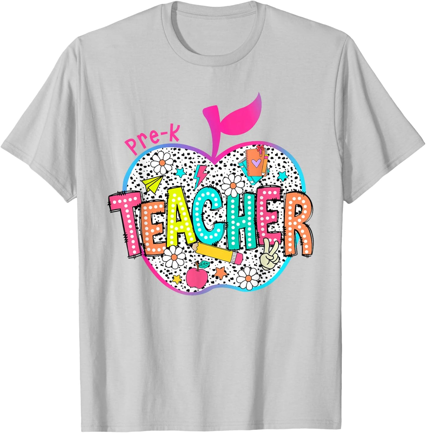 Pre-K Teacher Back To School Apple Dalmatian Dots T-Shirt - T-Shirt | Ash