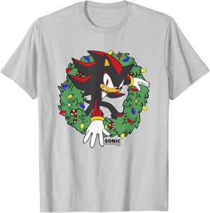 Sonic The Hedgehog Christmas Shadow X-Mas Wreath T-Shirt - T-Shirt | Ash
