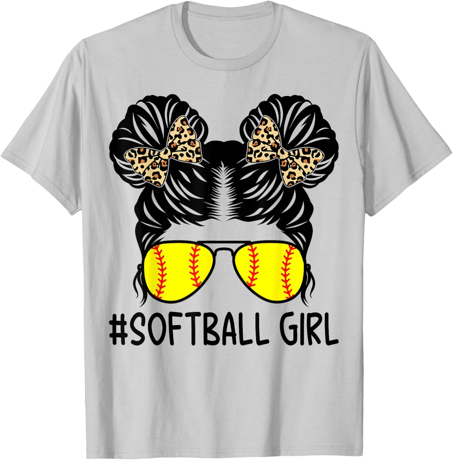 Softball Girl Leopard Messy Bun Softball Girls T-Shirt - T-Shirt | Ash