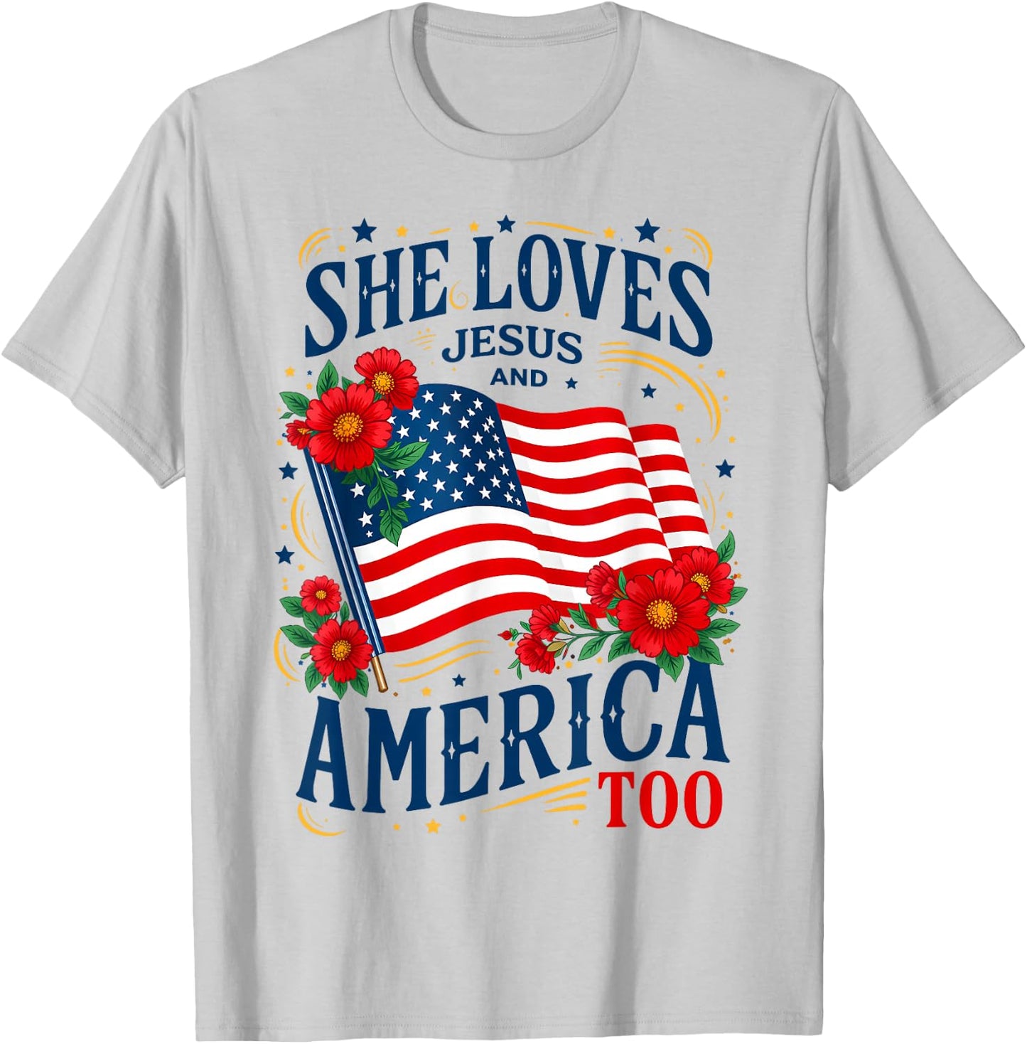 Retro US Flag She Loves Jesus and America Too Floral Women T-Shirt - T-Shirt | Ash