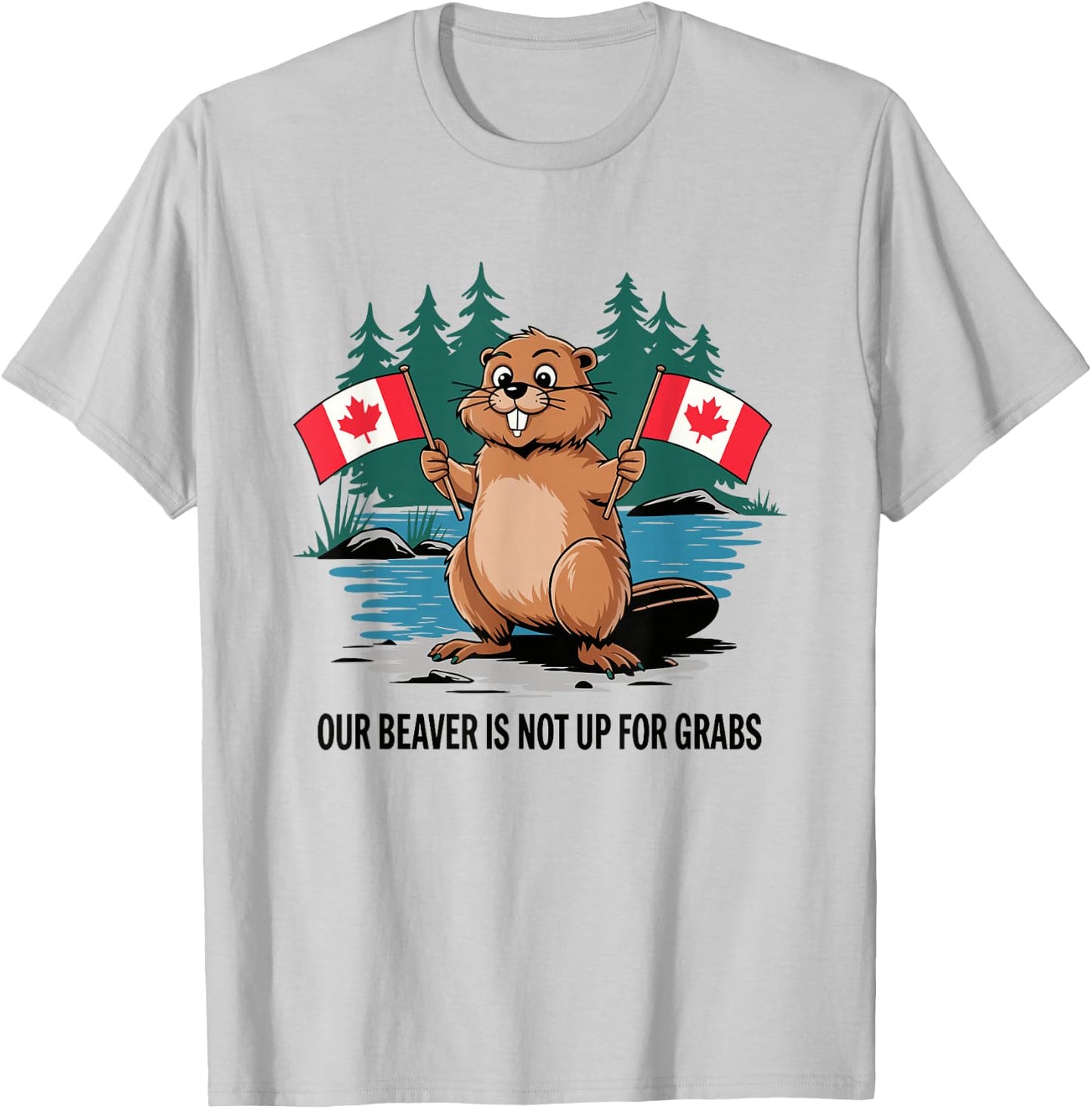 Funny Canadian Beaver Holding Flags Canada Pride T-Shirt - T-Shirt | Ash