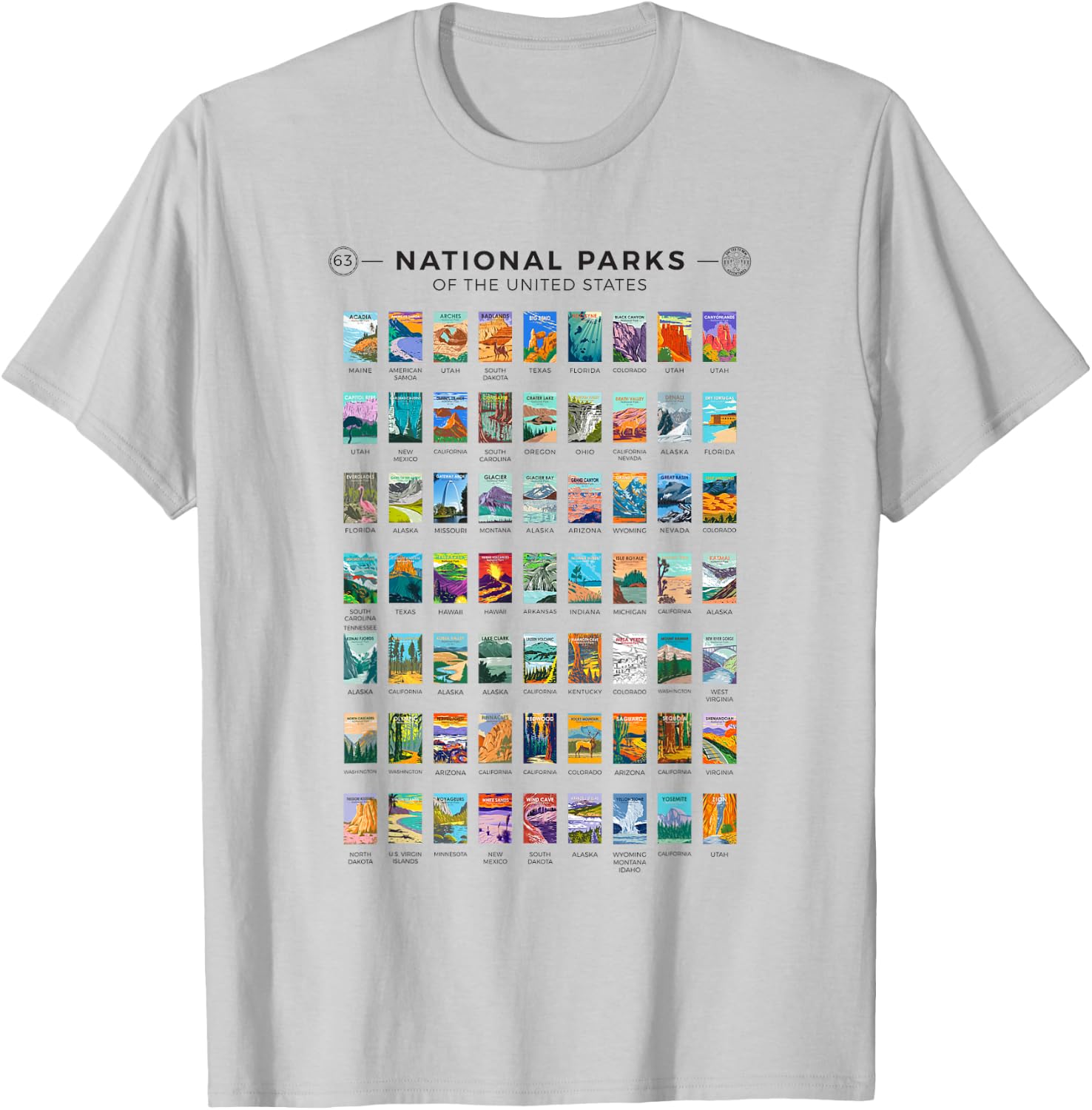 All 63 National Parks Of The United States Vintage Art List T-Shirt - T-Shirt | Ash