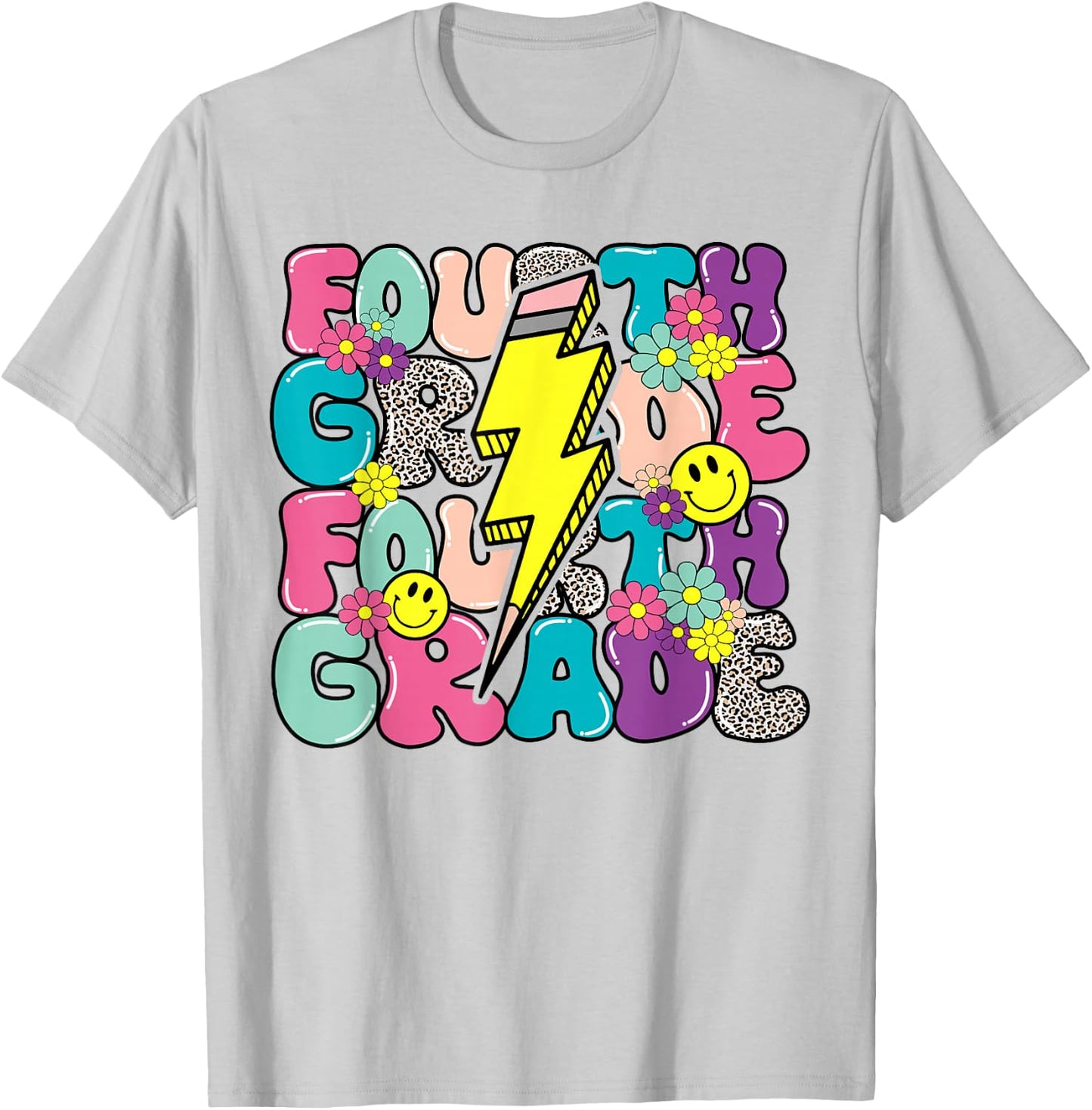 4th Grade Lightning Bolt Pencil Retro Teacher Boys Girls T-Shirt - T-Shirt | Ash