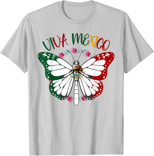 Viva Mexico Shirt Women Kids Girls Butterfly Mexican Flag T-Shirt - T-Shirt | Ash