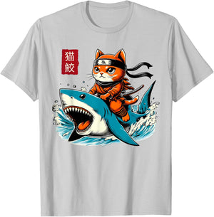 Cute Retro Samurai Cat Ninja Japanese Cat Shark Kanagawa T-Shirt - T-Shirt | Ash