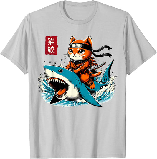 Cute Retro Samurai Cat Ninja Japanese Cat Shark Kanagawa T-Shirt - T-Shirt | Ash