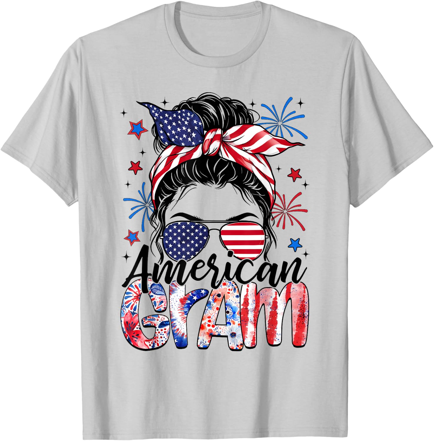 Gram 4th Of July American Flag Patriotic Messy Bun T-Shirt - T-Shirt | Ash