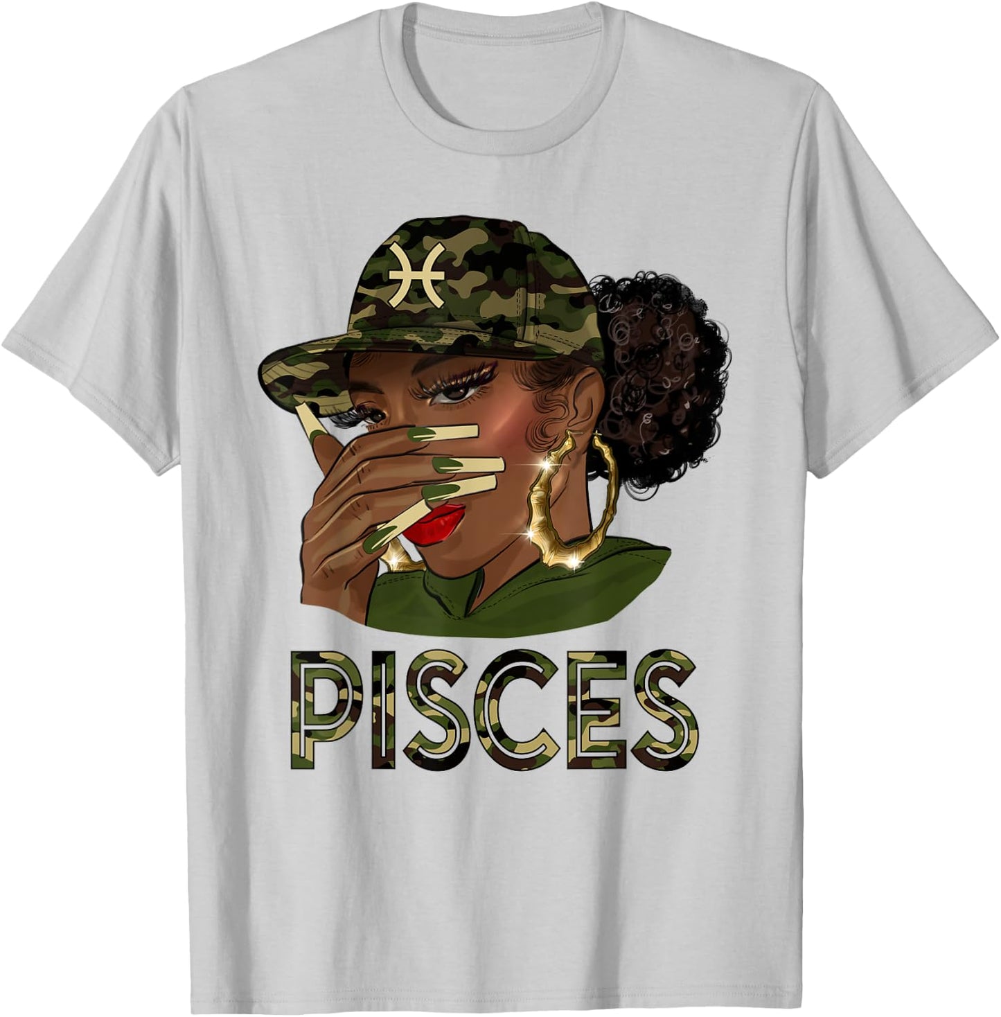 Pisces Queen Black Girl With Cap Camo Afro Woman Zodiac T-Shirt - T-Shirt | Ash