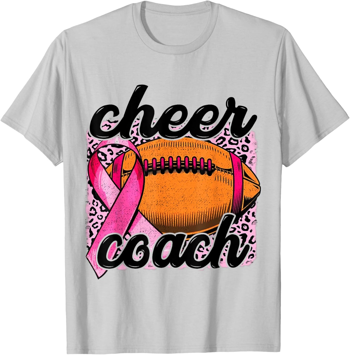 Cheer Coach Breast Cancer Football Pink Ribbon Awareness T-Shirt - T-Shirt | Ash