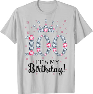 100 It's My Birthday Pink Crown 100th Birthday Gifts T-Shirt - T-Shirt | Ash