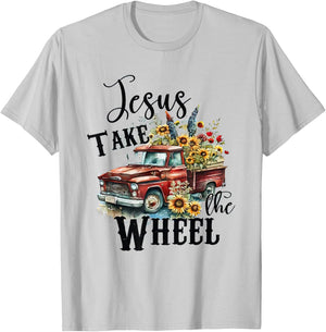 Sunflower Jesus Take The Wheel Christian - Sunflower Truck T-Shirt - T-Shirt | Ash