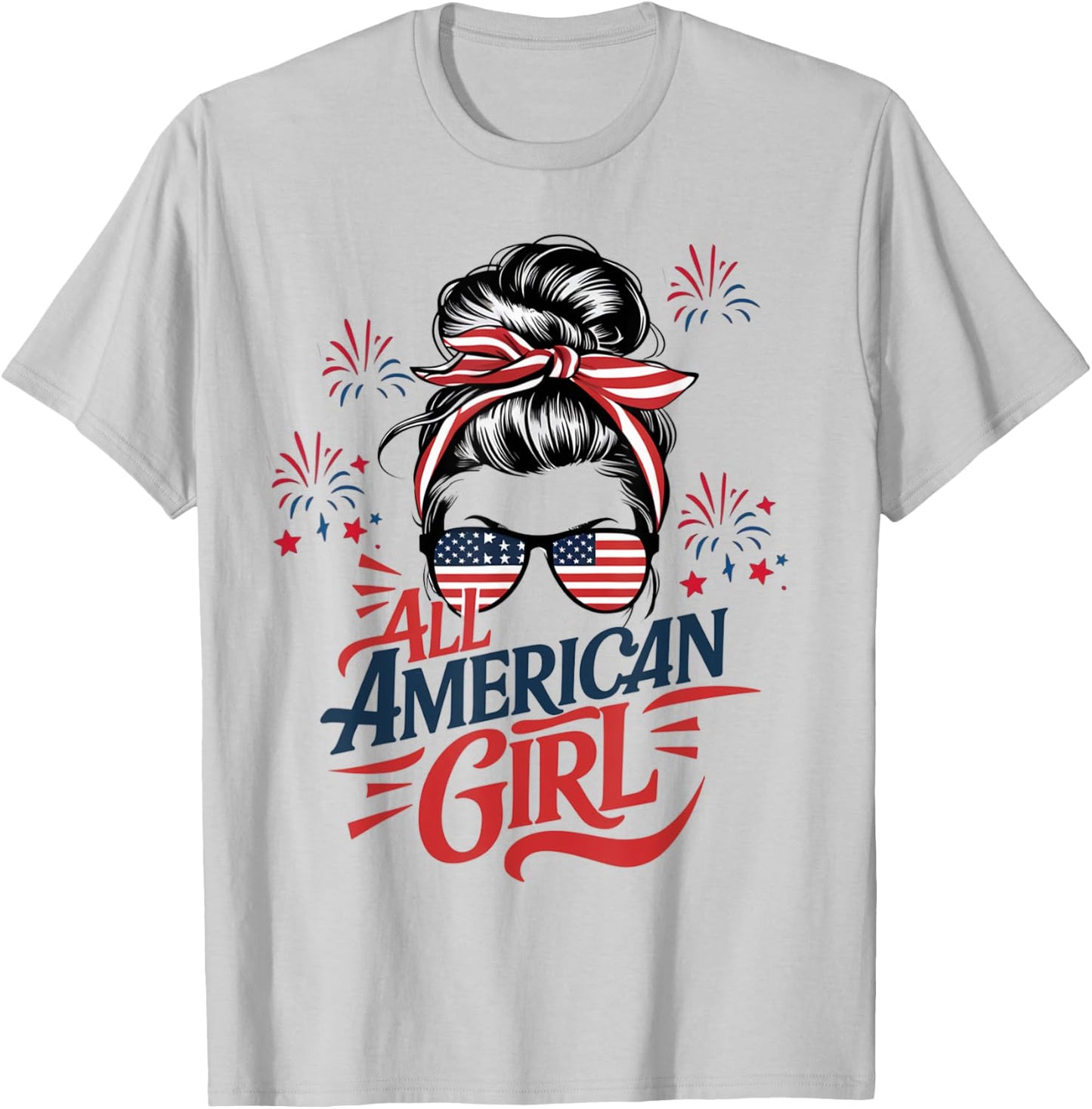 4th of July USA Flag Messy Bun Patriotic All American Girl T-Shirt - T-Shirt | Ash