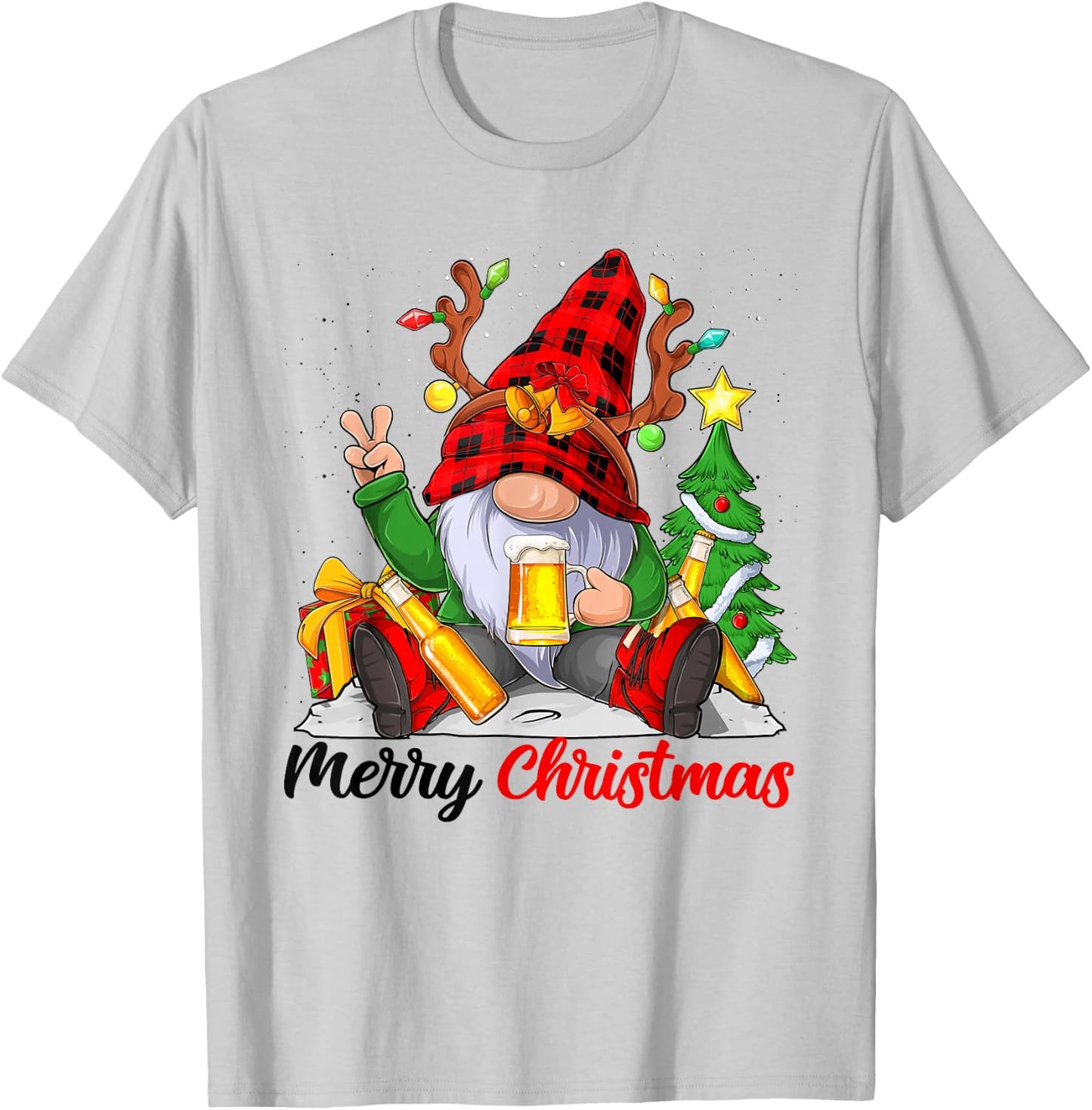 Funny Merry Christmas Beer Lover Men Women Gnome Lovers T-Shirt - T-Shirt | Ash