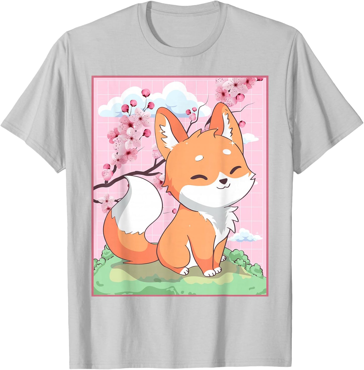 Kawaii Fox Japanese Kitsune Sakura Cherry Blossom T-Shirt - T-Shirt | Ash