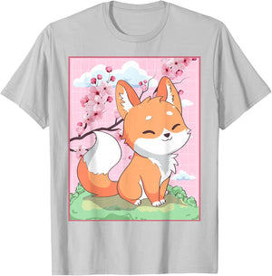Kawaii Fox Japanese Kitsune Sakura Cherry Blossom T-Shirt - T-Shirt | Ash