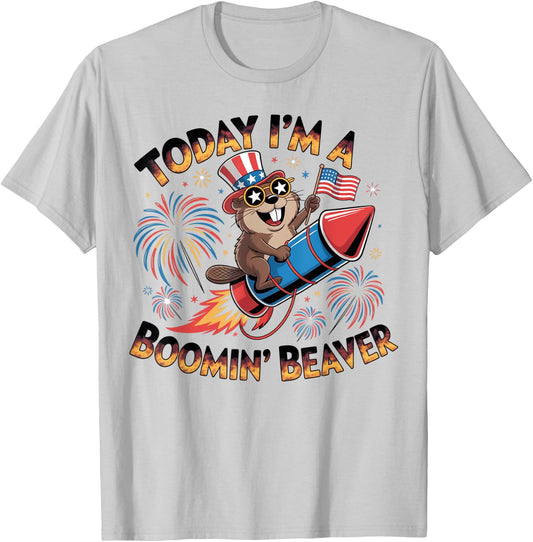 Funny 4th of July Boomin' Beaver Fireworks Patriotic USA T-Shirt - T-Shirt | Ash