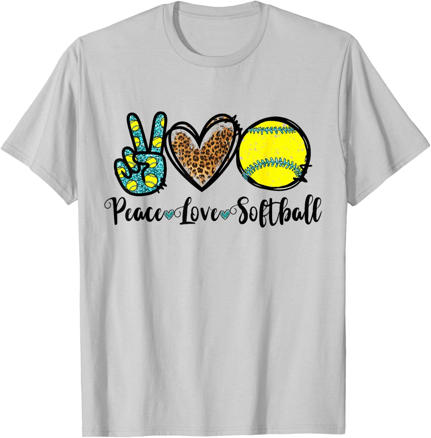 Peace Love Softball for Teen Girls Cute Leopard Softball T-Shirt - T-Shirt | Ash