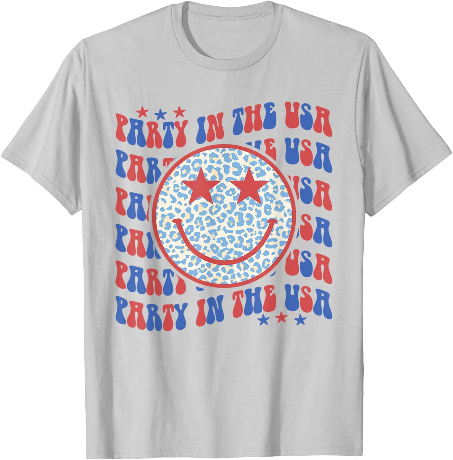 Party In The USA Happy Face Leopard Pattern 4th Of July T-Shirt - T-Shirt | Ash