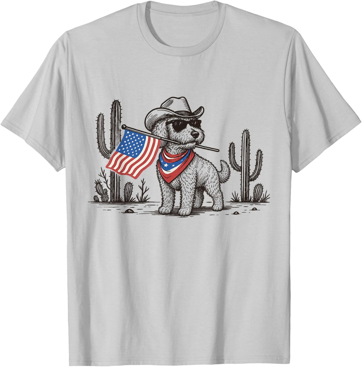 Patriotic Goldendoodle Western Cowboy American Flag T-Shirt - T-Shirt | Ash