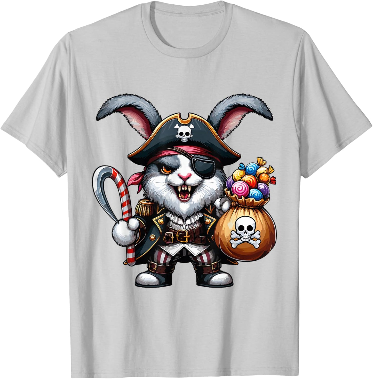 Halloween Rabbit Pirate Eye Patch Candy Bag Treasure Spooky T-Shirt - T-Shirt | Ash