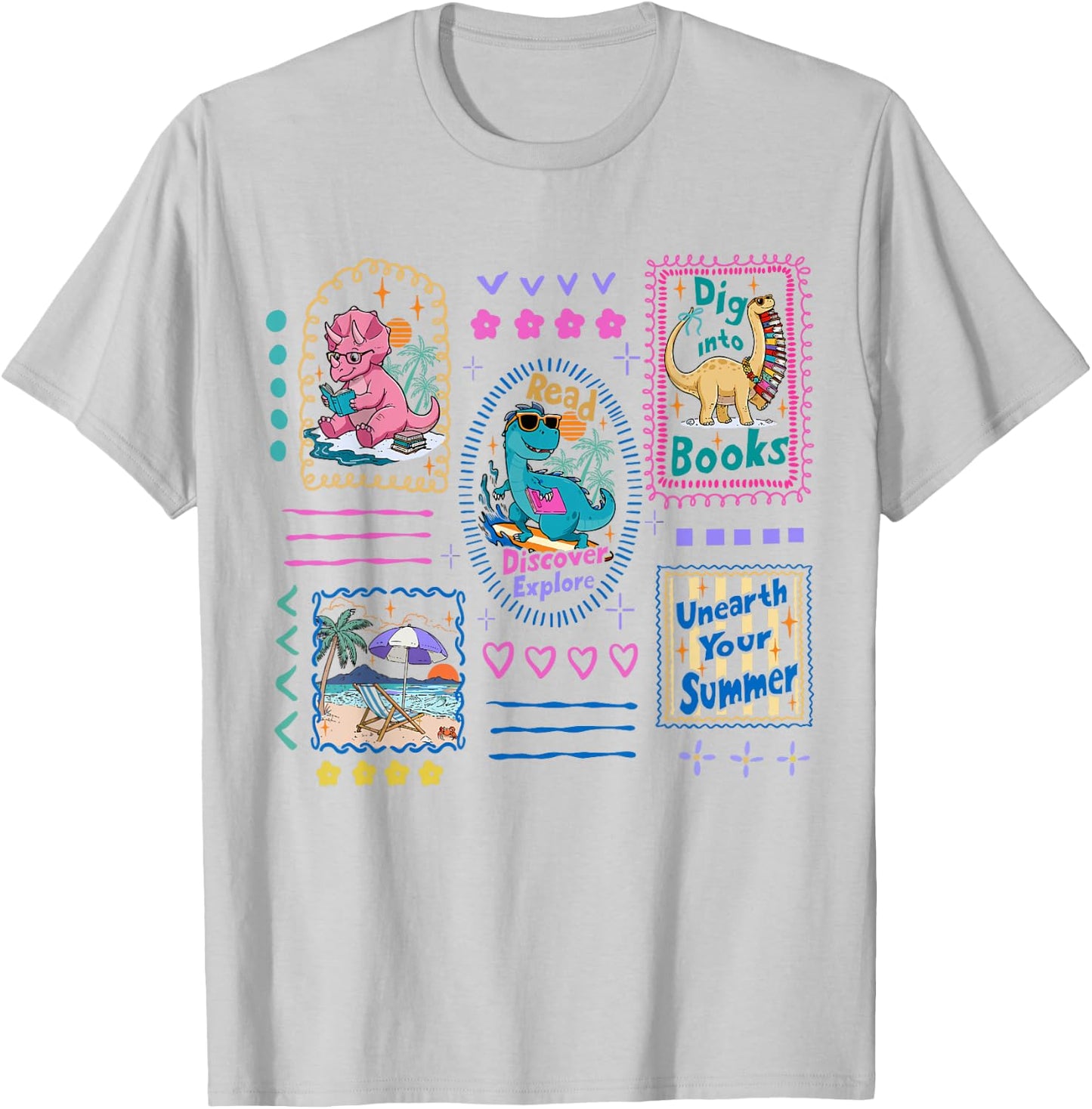 Dinosaur Reading Club Summer Book Lover Library Teacher Kids T-Shirt - T-Shirt | Ash