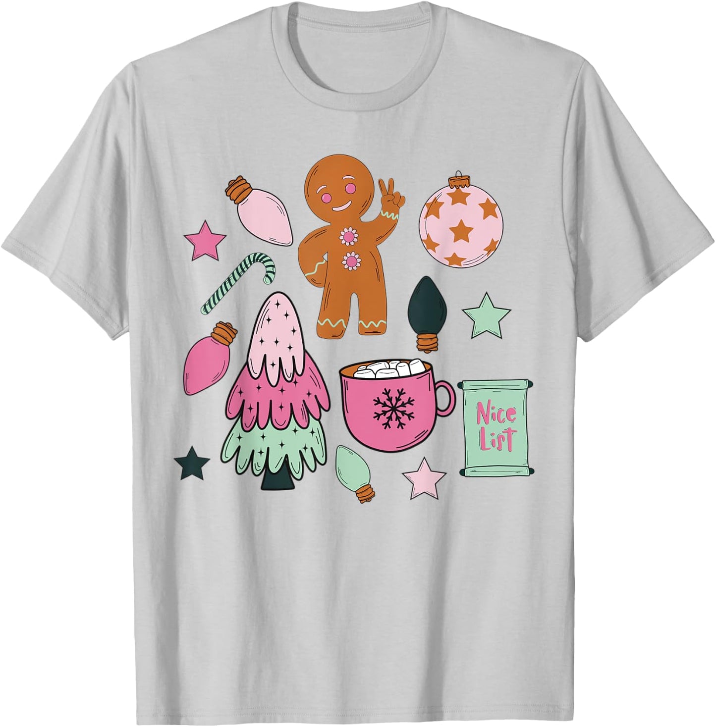 Groovy Merry Christmas Gingerbread Man Peace Sign Pastel T-Shirt - T-Shirt | Ash