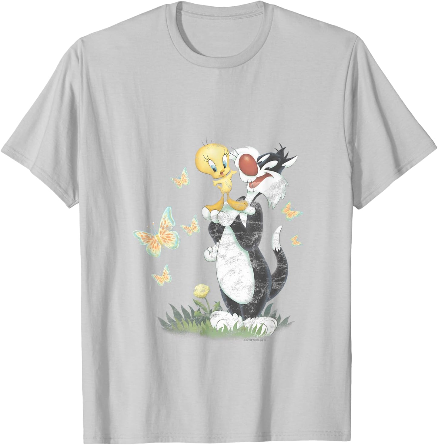 Looney Tunes Sylvester & Tweety Bird Butterfly Distressed T-Shirt - T-Shirt | Ash